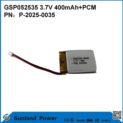 GSP052535 3.7V 400mAh+PCM バッテリー。小型トランシーバー、ボイスレコーダー、ミニGPSトラッカー、スマートスタイラス、および同様のデバイスで使用されます。