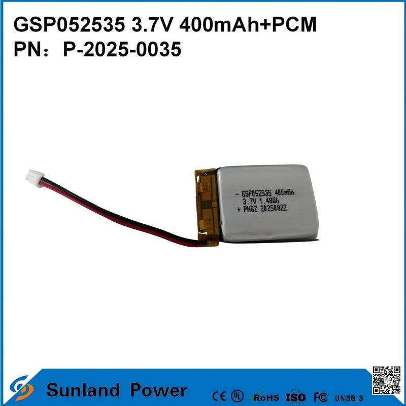 GSP052535 3.7V 400mAh+PCM バッテリー。小型トランシーバー、ボイスレコーダー、ミニGPSトラッカー、スマートスタイラス、および同様のデバイスで使用されます。