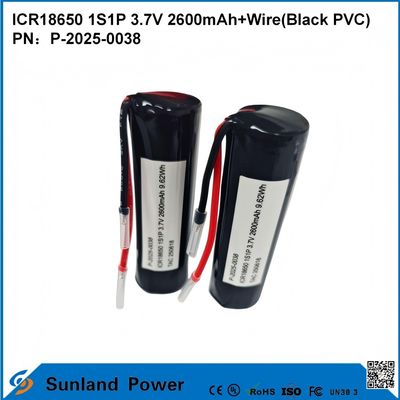 充電可能なICR18650 1S1P 3.7V 2600MAH +ケーブル (ブラックPVC) バッテリー